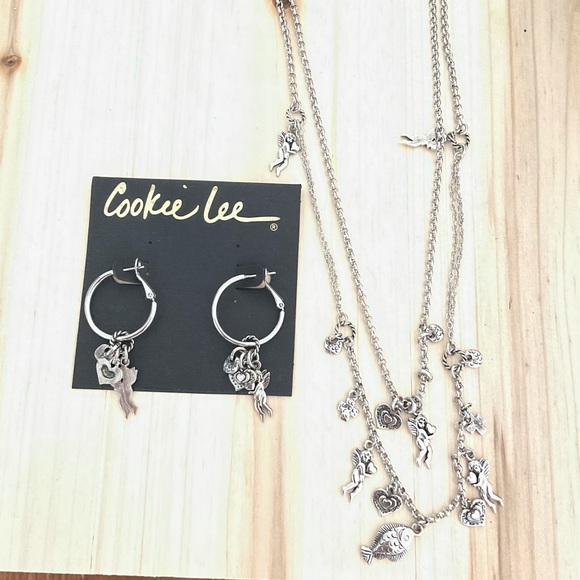 NWT cookie Lee silver cherub heart charm hoop earrings long necklace set lot 3 - Picture 2 of 7